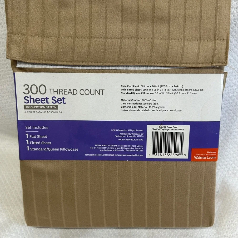 Better Homes & Gardens Twin 300 TC Cotton Sateen Sheet Set Clay Beige Striped